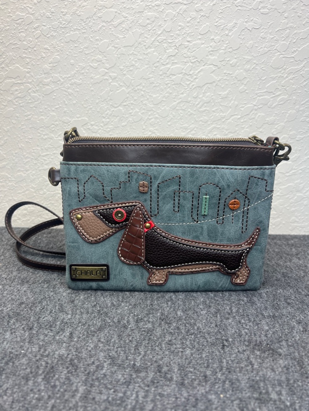 Chala Teal Dachshund Applique Crossbody Bag
